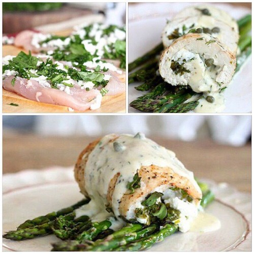 Spinach and Goat Stuffed Chicken Breast with Roasted Asparagus