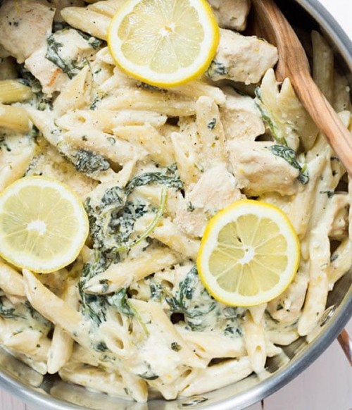 One Pot Creamy Lemon Chicken Pasta with Baby Kale