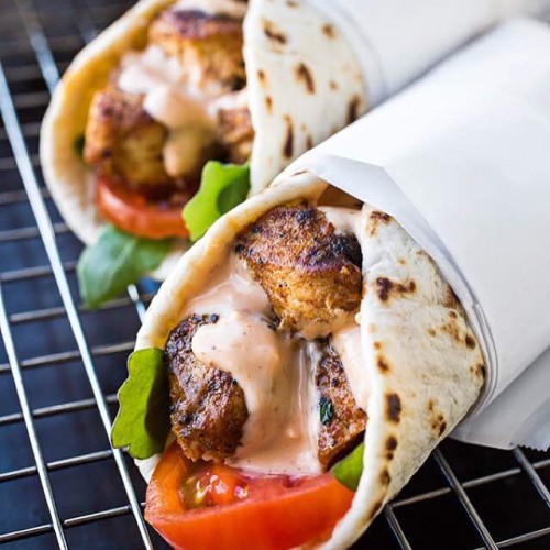 Grilled Lemon Chicken Flatbread Wraps with Spicy Garlic Sauce