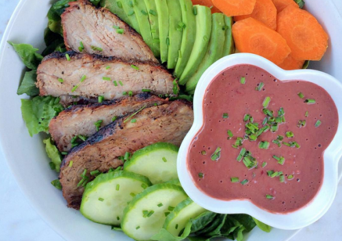 Steak avocado salad with creamy pomegranate