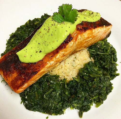 Blackened salmon with avocado and cilantro sauce