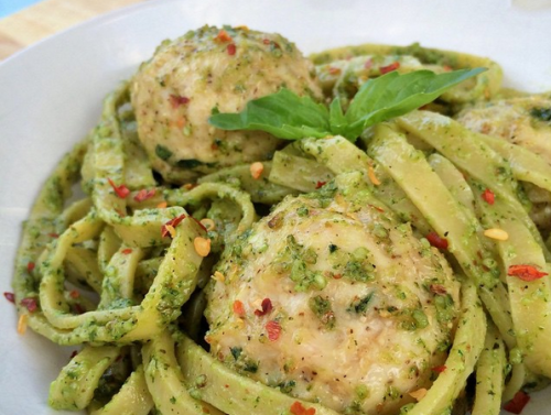 Gluten and dairy-free basil-pesto chicken meatballs with fettuccine