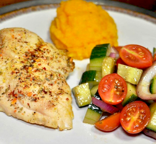 Chicken breast, cucumber tomato salad and whipped butternut squash