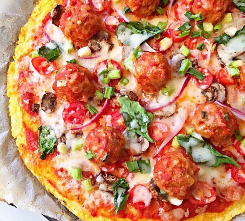 Paleo Turkey Meatball and Spinach Pizza (with Cauliflower Crust)