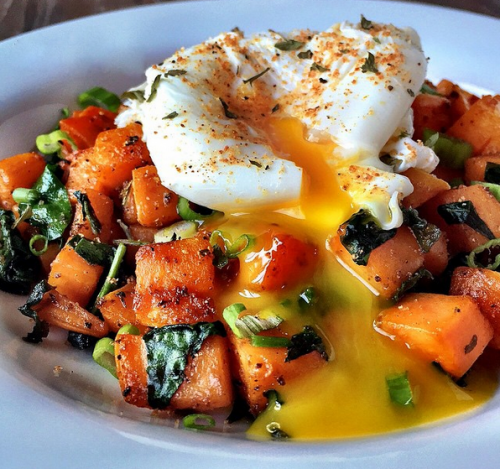 Sweet Potato Hash with a Poached Egg