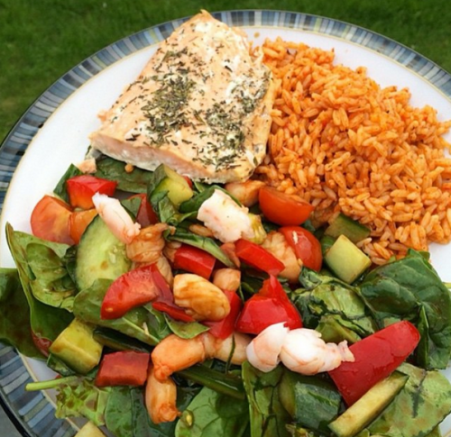 Baked Salmon with Jilaffe rice and prawn salad