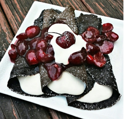 Dark Chocolate Black Forest Cake Crêpes with Vanilla Protein Yogurt and Fresh Cherries