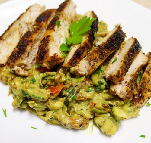 Grilled chicken with Zucchini noodles in an avocado and basil sauce