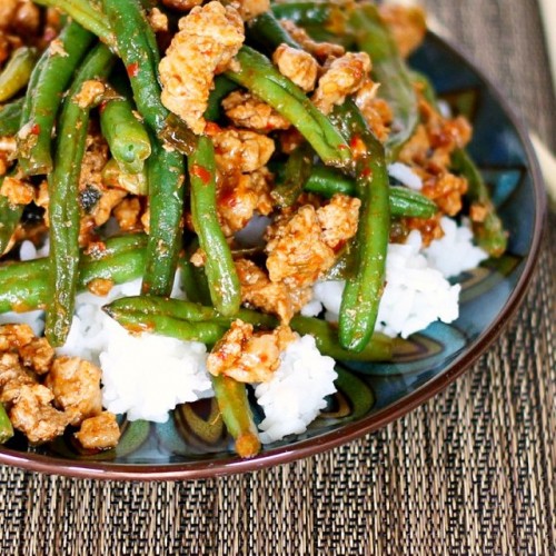 Chinese Green Beans with Ground Turkey over Rice