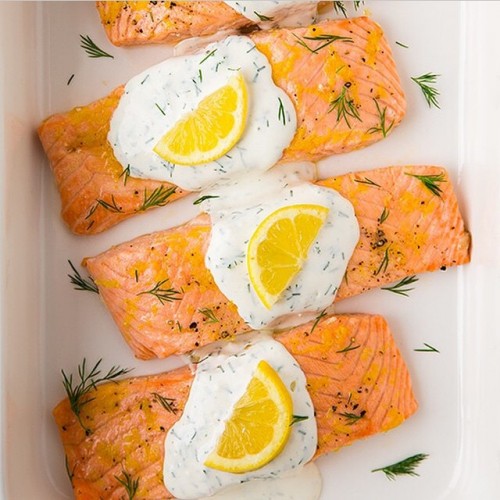 Baked Lemon Salmon with Creamy Dill Sauce