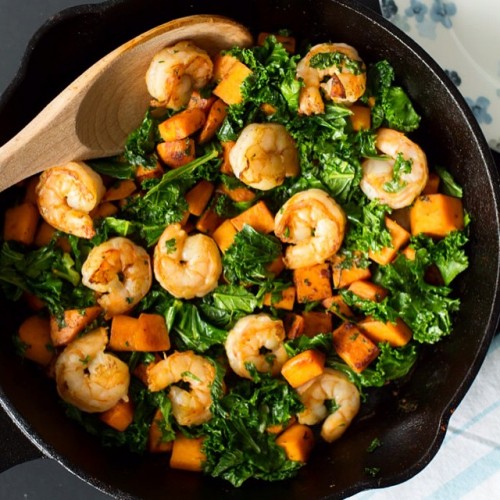 Sweet potato, Kale and Shrimp Skillet