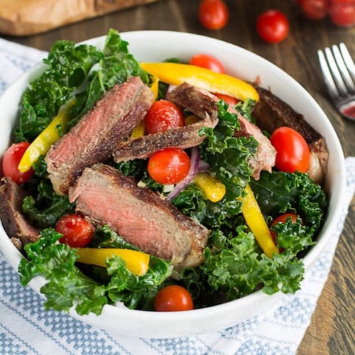 Steak and Sautéed Kale Salad with Miso Dressing