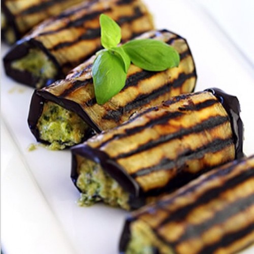 Grilled eggplant roll-ups with ricotta pesto