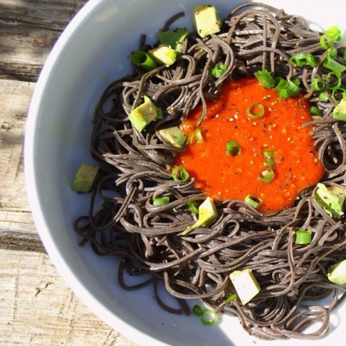 Vegan Black Bean Spaghetti with Paprika Sauce