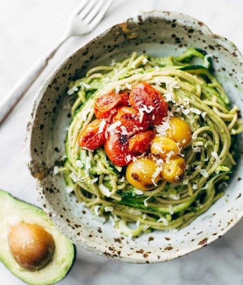 Burst Tomato and Zucchini Spaghetti with Avocado Sauce