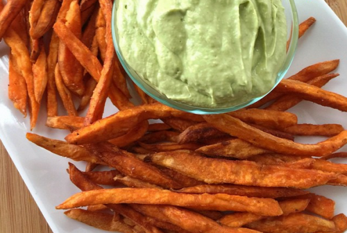 SWEET POTATO FRIES with an AVOCADO CREMA