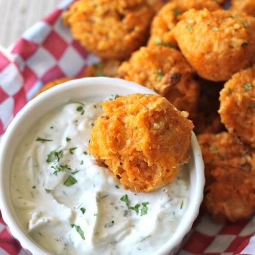 Buffalo Chicken Quinoa Bites with Greek Yogurt Blue Cheese Dip