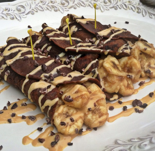 Gluten-free Chocolate Crepes w/ caramelized bananas and peanut butter drizzle