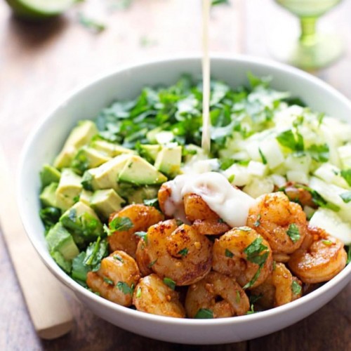 SHRIMP AND AVOCADO SALAD WITH MISO DRESSING