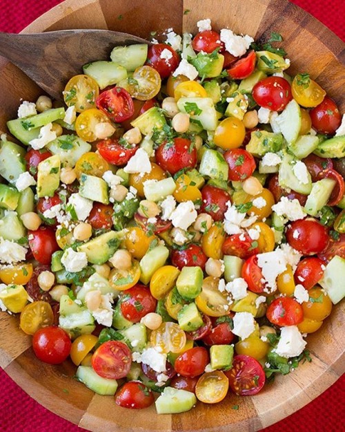 Tomato Avocado Cucumber Chick Pea Salad with Feta and Greek Lemon Dressing