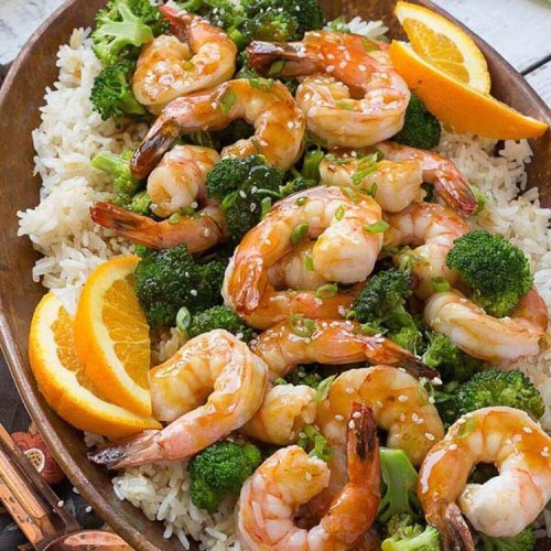 Orange Shrimp and Broccoli with Garlic Sesame Fried Rice