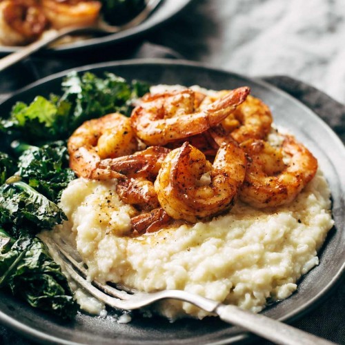 Spicy Shrimp with Cauliflower Mash and Garlic Kale