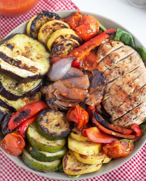 Grilled Veggie & Grilled Chicken Salads with Tomato Vinaigrette