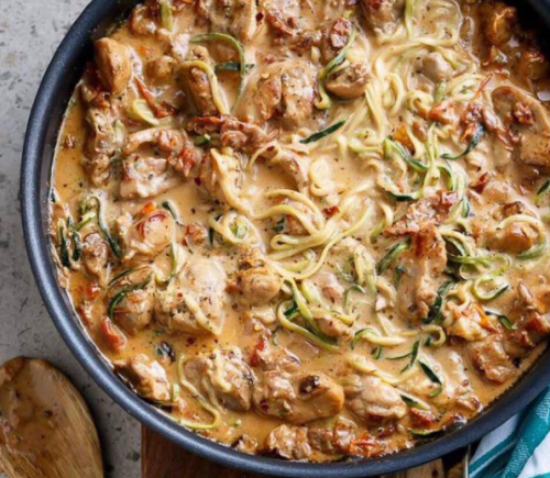 Creamy Sundried Tomato + Parmesan Chicken Zoodles