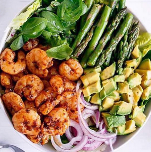 Blackened Shrimp, Asparagus and Avocado Salad with Lemon Pepper Yogurt Dressing