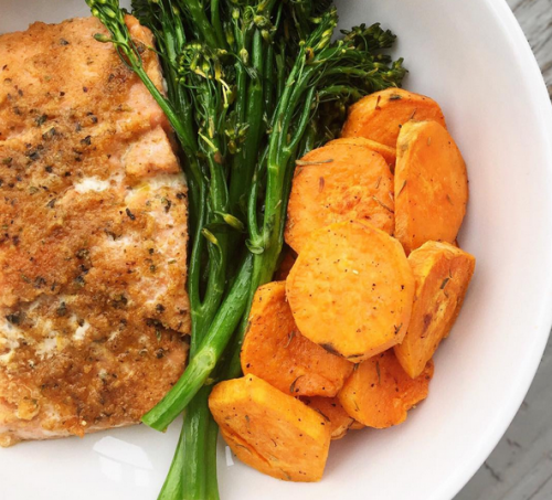 Lemon Garlic Salmon with Sweet Potatoes & Broccolini