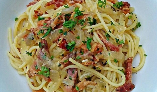 Spaghetti Carbonara with Caramelized Shallot and Bacon